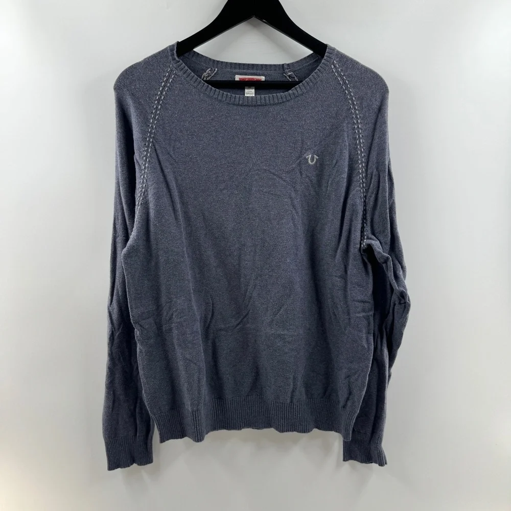 True Religion Blue Grey Scoop Neck Sweater Men’s Size Medium Cotton Cashmere